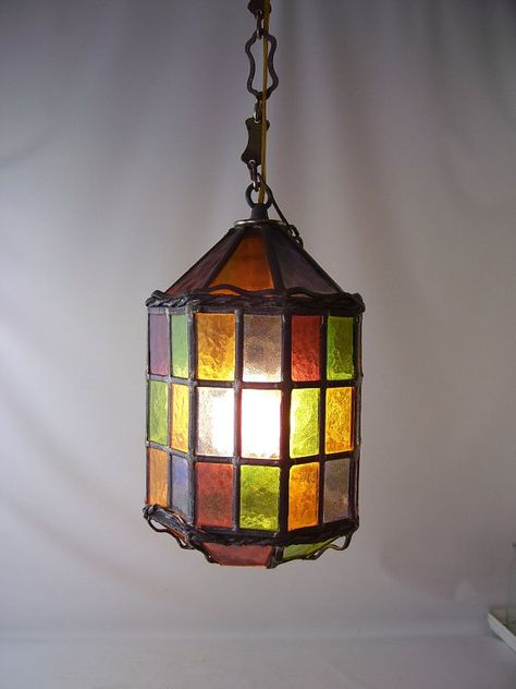 Glass · vintage stained ...etsy Retro Hanging Lamp, Stained Glass Lamp, Front Porch Lighting Fixtures, Stained Glass Pendant Light, Hanging Light Lamp, Porch Light Fixtures, Glass Light Fixtures, 1960s Decor, Stained Glass Chandelier