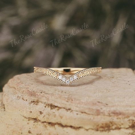 Moissanite Curved Wedding Band Vintage Solid Gold Filigree Pattern Moissanite Stacking Ring Matching Wedding Ring  Promise Rings For Women ITEM DETAILS ●Available in yellow, white or rose solid 10k, 14k or 18k gold. This ring can be made in Platinum. ❀❀Wedding band  Stone: Moissanite Shape: Round shape Weight: 0.034ct Band width around 1.5mm Visit my shop for more jewelry: https://www.etsy.com/shop/TheRoseCastle if you would like to customize your unique ring, you may contact us about your ideas Curved Wedding Band For Marquise Ring, Curved Wedding Band With Engagement Ring, Gold Wedding Ring Stack, Marquise Diamond Ring Settings, Matching Wedding Ring, Spring Elopement, Floral Wedding Bands, Gold Wedding Bands Women, Random Products