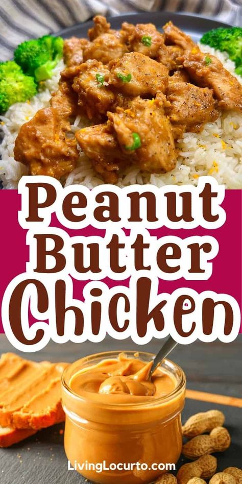 Easy peanut butter chicken recipe with Thai peanut sauce served over rice and with a side of broccoli. This one pan chicken is a sweet and spicy easy dinner you can cook in less than 30 minutes! Peanut Chicken Sauce, Chinese Peanut Butter Sauce, Instant Pot Peanut Butter Chicken, Chicken Peanut Butter Recipes, Chicken With Peanut Sauce Easy, Spicy Peanut Butter Chicken, Peanut Butter Pork Chops, Creamy Peanut-lime Chicken With Noodles, Chinese Peanut Butter Chicken