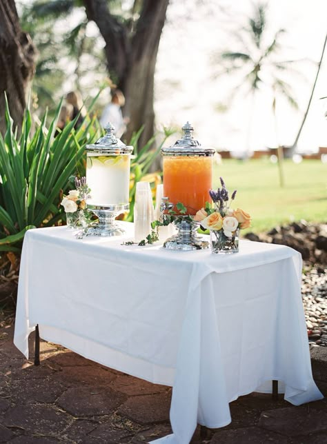 Stunning tropical Maui wedding held on the oceanfront | Hawaii Real Weddings Ceremony Refreshment Table, Cocktail Decor, Refreshments Table, Backyard Engagement Parties, Wedding Drink Station, Made With Love Bridal, Mums Wedding, Tropical Wedding Theme, Cocktail Decoration