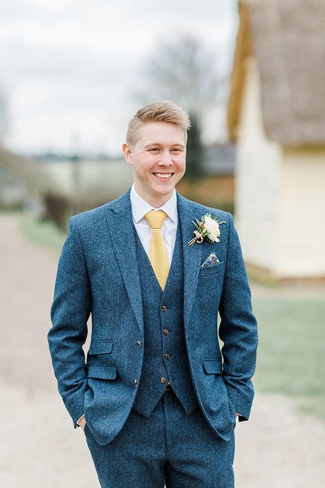 Groom Blue Suit Yellow Tie Tweed Chiltern Open Air Museum Wedding Terri & Lori Fine Art Photography #tie #tweed #herringbone #yellow #blue #Groom #Suit #Trousers #wedding #groomsmen Navy Blue Tweed Wedding Suit, Groomsmen Attire Yellow, Blue Suit Yellow Tie, Faerie Wedding, Suit For Groom, Groom Blue Suit, Male Suits, Blue Groom, Open Air Museum