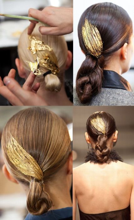 Golden hair Jason Wu Fall 2011 Catwalk Hair, Gold Leaf Hair, Sanggul Modern, Runway Hair, Editorial Hair, Pinterest Hair, Golden Hair, Glitter Hair, Jason Wu