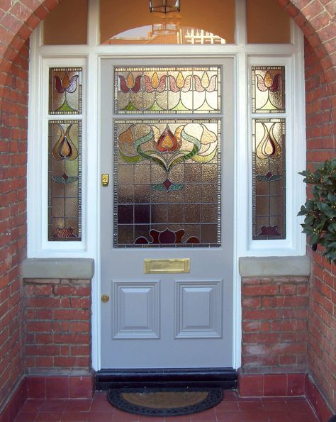 Custom Edwardian front door with door frame and clear glass panels in the same style as the home’s side window. Finished with chrome door furniture. Front Door With Glass Side Panels, Stain Glass Doors Entrance, Door With Windows On Side, Stained Glass Front Door Side Panels, Leadlight Doors, Edwardian Doors, Victorian Front Doors, Cottage Front Doors, Oak Front Door