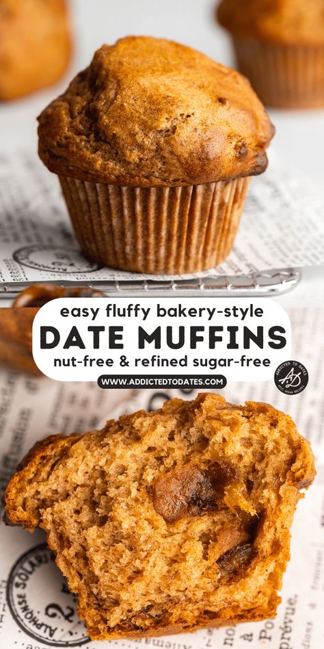 Easy Date Muffins (Nut Free, Refined Sugar-Free) - Addicted to Dates Vegan Date Dessert, Date Breakfast Recipes, Date Desserts, Sugar Free Muffins, Date Muffins, Date And Walnut Cake, Bakery Style Muffins, Muffin Tops, Cozy Breakfast