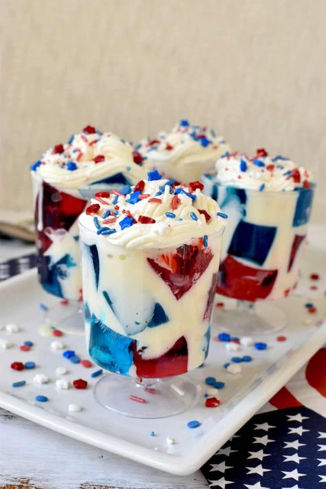 Red, White, and Blue Jello with Cream - Simple Living Recipes Red White And Blue Jello Cups, Red White And Blue Jello Desserts, 4th Of July Jello Desserts, Whipped Cream And Jello, Jello And Whipped Cream, Whipped Cream Recipes, 4th Of July Jello, Layered Jello Recipe, Red White And Blue Jello