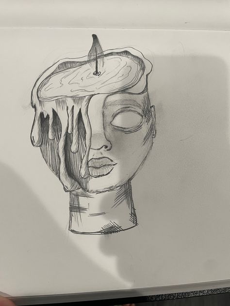 Candle Face Drawing, Melting Head Drawing, Dripping Face Drawing, Candle Head Drawing, Head Open Drawing, Melting Person Drawing, Candle Person Drawing, Melting Person Art, Open Head Drawing