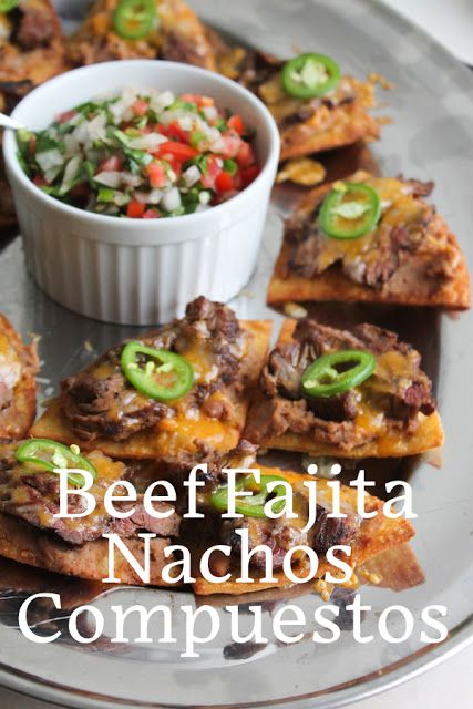 Food Lust People Love: Crunchy fried tortilla triangles topped with refried beans, fajita beef, cheese and jalapeños, these beef fajita nachos compuestos can also be made with store-bought chips. This recipe can also be a main course, as it was for me years ago. You can totally add some shredded lettuce to make you feel better about making this a full meal. Beef Fajita Nachos Recipe, Beef Fajita Nachos, Tortilla Triangles, Fajita Nachos Recipe, Fajita Nachos, Nachos Recipe Beef, Spicy Steak, Beef Fajitas, Appetizer Sandwiches