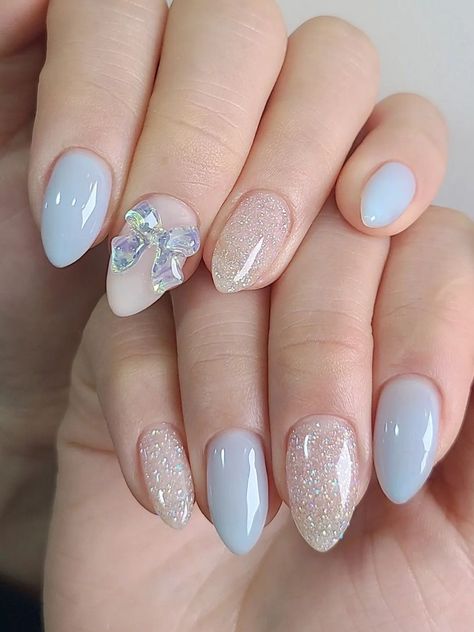 light blue and glitter jelly nails Nail Ideas Light Blue And White, Soft Gel Nails Design Blue, Korean Nail Inspiration, Light Blue Nail Art Design, Kbeauty Korean Nails, Aesthetic Korean Nail Ideas, Blue Nails Ideas Design, Light Pink And Light Blue Nails, Blue Nails Ideas Summer