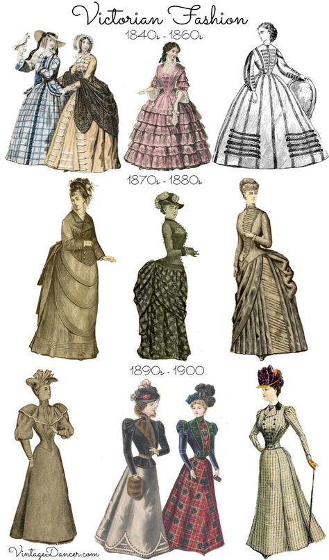 Victorian fashion 1840 to 1900 timeline silhouettes at VintageDancer Victorian Style Clothing, Victorian Era Dresses, Era Victoria, Victorian Era Fashion, Patron Vintage, Istoria Artei, 1800s Fashion, Victorian Aesthetic, Victorian London