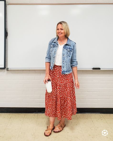 Casual everyday spring teacher outfit featuring a ruffled tiered floral midi maxi skirt, white v neck tee, denim jacket, and strappy flat sandals #ruffleskirt #midiskirt #maxiskirt #floralskirt #denimjacket #whitetee #strappysandals #summer #teacher #petite #everyday #spring #tieredskirt http://liketk.it/3f36D @liketoknow.it #liketkit Teacher Skirt Outfits Summer, Modest Teacher Outfits Classy, Teacher Skirt Outfits, Pink Wide Leg Jeans, Casual Teacher Outfit, Egypt Outfits, Cold Spring Outfit, Casual Work Outfit Spring, School Attire