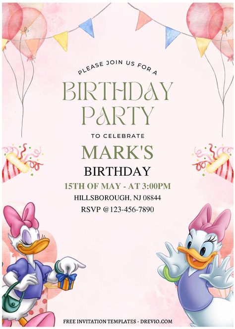 Daisy Duck Birthday Party Ideas, Daisy Duck Birthday, Daisy Duck Party, Duck Party, Cars Birthday Invitations, Invitation Examples, Daisy Party, Duck Birthday, 5th Birthday Party Ideas