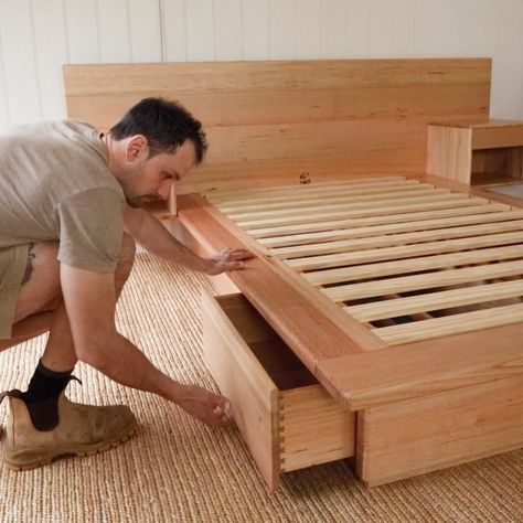 Bed With Headboard Storage, Room Cool Ideas, Wooden Bed Side Table, Bed Side Table Design, Timber Bed Frames, Privacy Balcony, Master Bath Makeover, Minimalist Bed Frame, Low Bed Frame