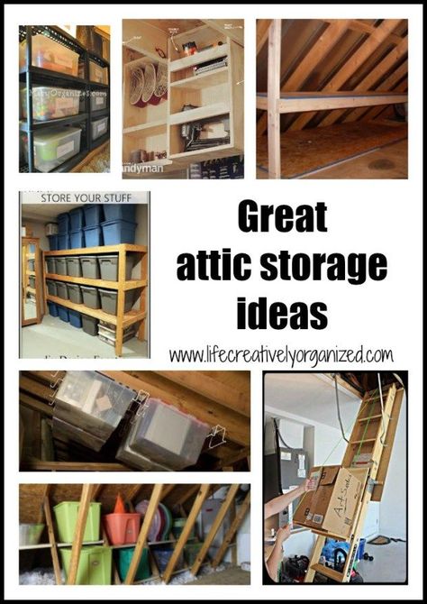 Wish you could use that extra space in your attic to store rarely used items, but aren't sure how to? Here are some great attic storage ideas to help. #lifecreativelyorganized #atticstorage Attic Storage Ideas, Garage Attic Storage, Attic Storage Organization, Attic Storage Solutions, Attic Organization, Garage Attic, Attic Renovation Ideas, Finished Attic, Loft Storage