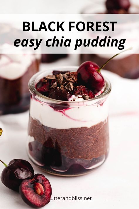 Black Forest Chia Pudding is a thick and creamy vegan pudding made with wholesome chia seeds, cocoa, fresh cherry compote, and topped with whipped coconut cream. An easy treat that can be enjoyed for breakfast, dessert, or any time in between! Cherry Chia Pudding, Chia Pudding Recipes Healthy, Whipped Coconut Cream, Chocolate Chia Seed Pudding, Cherry Compote, Chia Recipe, Anti Inflammation Recipes, Coconut Chia, Fresh Cherry