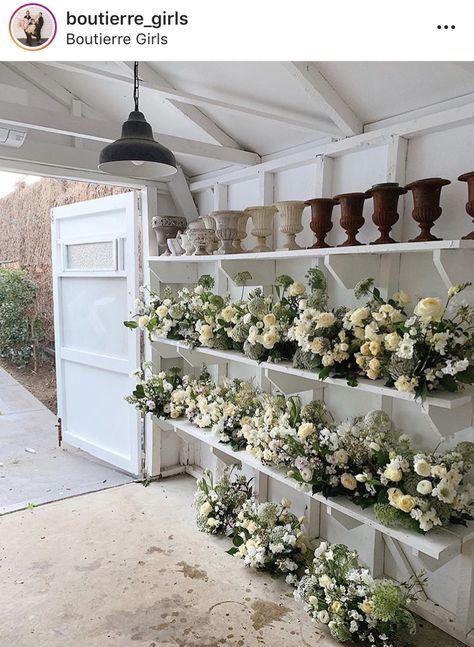 Floral Studio Shed, Basement Floral Studio, Florist Storage Ideas, Florist Shed, Garage Flower Shop, Floral Studio Work Spaces, Garden Mudroom, Florist Workspace, Florist Studio Workspace