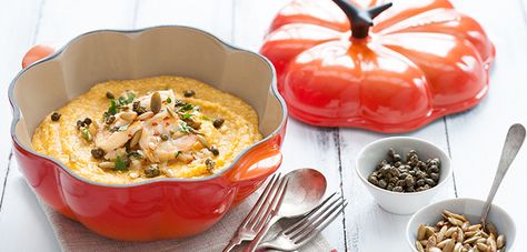 Shrimp and Pumpkin Grits with Fried Pumpkin Seeds and Capers Mini Cocotte Recipes, Pumpkin Cocotte, Cocotte Recipes, Fried Pumpkin, Cocotte Recipe, Pumpkin Casserole, Instant Grits, Creuset Recipes, Kitchen Decor Fall