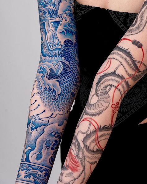 Oozy | Ceramic Skin🔹 . It was such a fun work!! Thank you Alex ! . . #oozy #oozytattoo #oozyceramic #ceramicskin #dragontattoo | Instagram Japanese Forearm Tattoo, Blue Dragon Tattoo, Blue Ink Tattoos, Soft Tattoo, Arm Tattoos Drawing, Tattoo Designer, Dragon Tattoo For Women, Dragon Tattoos, Blue Tattoo