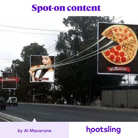 Italian restaurant Al Macarone created this inventive marketing campaign on the streets of Guatemala City. Consisting of three billboards in a row, each one directing shoppers to the eatery's website. The campaign was a great success for the brand, generating a lot of clicks on its website and social media channels. Highly effective, what do you think? Al Macarone #marketing #smallbusiness #business #contentmarketing #servicecompany Pizza Instagram, Creative Marketing Campaign, Guerrilla Advertising, Creative Pizza, Out Of Home Advertising, Pizza Art, Clever Advertising, Billboard Advertising, Billboard Design