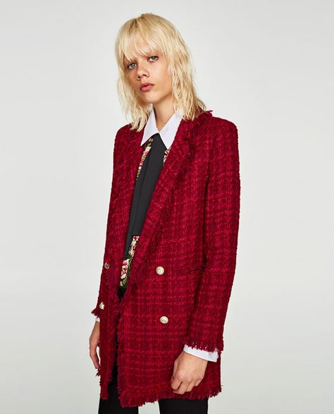 FRAYED JACKET WITH EMBELLISHED BUTTONS from Zara Tweed Jacket Outfit, Fringe Blazer, Embellished Buttons, Chanel Style Jacket, Tartan Fashion, Fall Blazer, Mode Zara, Zara Coat, Cropped Blazer Jacket