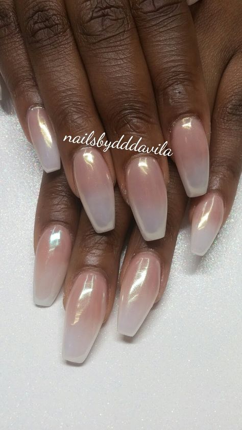 Short Coffin Bridal Nails, White Pearlized Nails, Pearly Iridescent Nails, Chrome Ombre Nails Square, Oval Nail Extensions, Iridescent Ombre Nails, Bridal Coffin Nails, Opalescent French Tip Nails, Clear Chrome Acrylic Nails