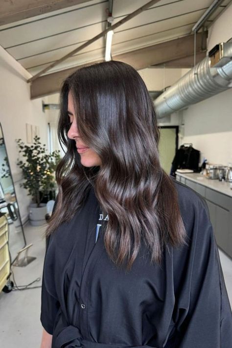 Dimensional Glossy Espresso Brunette Hair All Brunette Hair Color, Espresso Ash Brown Hair, Dark Toned Hair, Dark Brunette Haircut, Dark Brunette Hairstyles, Brunette Cool Tone Highlights, Dark Hair With Cool Tone Highlights, Espresso Highlights On Dark Hair, Fall Brunette Balayage