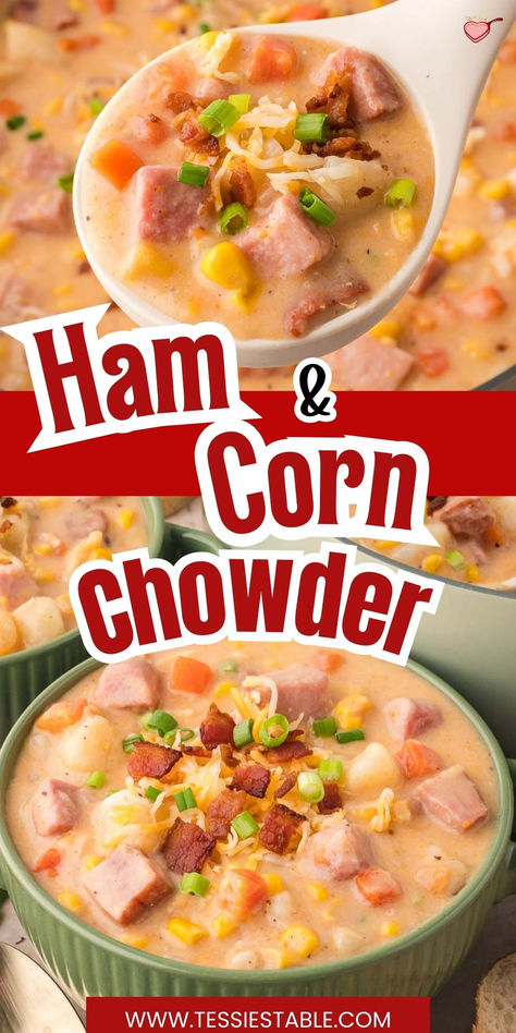 This creamy ham and corn chowder is the ultimate comfort food! Packed with tender ham, sweet corn, and a rich, flavorful broth, it’s perfect for cozy dinners. #HamChowder #CornChowder #ComfortFood #EasySoup Corn And Ham Chowder Recipe, Ham Corn Chowder Recipe, Ham And Corn Chowder Soup, Cheesy Ham Chowder, Ham And Corn Chowder, Ham Chowder Recipe, Corn Chowder Crockpot, Corn Chowder With Ham, Pressure Cooker Ham