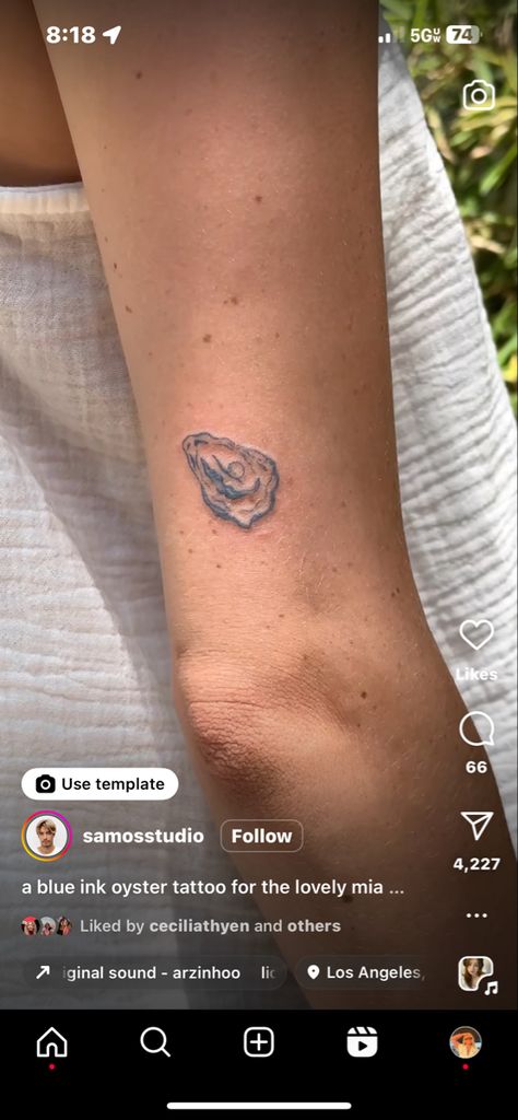 Oyster Tattoo, Blue Ink Tattoos, Pearl Tattoo, Seashell Tattoos, Waist Tattoos, Sick Tattoo, Ocean Tattoos, Upper Arm Tattoos, Blue Tattoo