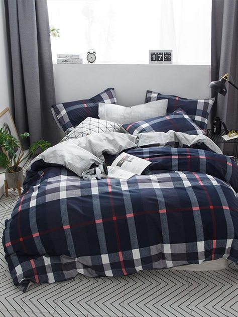 Gingham Print Sheet Set -SheIn(Sheinside) Mens Bed Sheets, Men Bedding, Mens Bed, Boys Duvet Cover, Men's Bedding, Drawing Furniture, Small Bedroom Furniture, 100 Cotton Duvet Covers, House Bedrooms