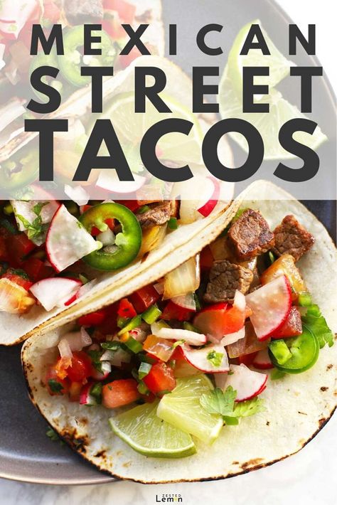 Simple yet tasty cubed steak, sweet crispy onions, zesty radish pico and all the toppings, tucked into warm delicious little tortillas. #streettacos #easydinner #recipe #tacos #zestedlemon | zestedlemon.com Authentic Mexican Street Tacos, Mexican Street Tacos, Steak Taco Recipe, Street Taco Recipe, Broiled Steak, Cubed Steak, Cube Steak, Street Tacos, Crispy Onions