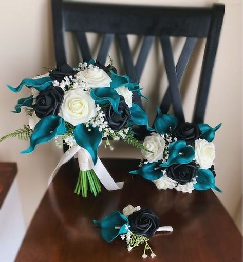 Wedding Colors Teal And Gray, Teal And Black Wedding Flowers, Black White Teal Wedding Theme, Black And Teal Wedding Decorations, Teal Wedding Bouquet Ideas, Teal Bridal Bouquet, Teal And Black Wedding Ideas, Navy Blue And Teal Wedding, Teal Black And Silver Wedding