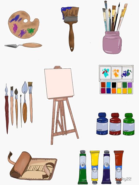 Art Supply Drawing, Art Aesthetic Stickers, Art Subject Aesthetic, Art Supplies Clipart, Art Items, Art Equipment, Aesthetic Art Supplies, Art Pallette, Art Supplies Illustration