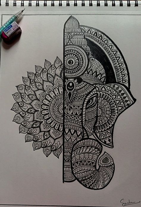 Mandala art ideas creative Ganpati Sketch Pencil Mandala, Best Pencil Drawing Images Easy, Mandala Art Of Ganesh, Mandala Drawing Of Ganesha, Mandala Pencil Drawing, Ganesh Pencil Art, Creative Ganesha Art, Mandala God Drawing, Ganesh Mandala Art Easy