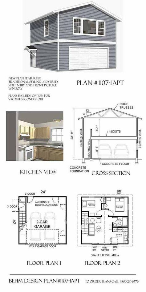 Over-sized 2 Car Garage Apartment Plan with Two Story 1440-1 - 24' x 30' Apartment Garage, Two Story Garage, Garage Apartment Floor Plans, 2 Car Garage Plans, Garage Apartment Plan, Plan Garage, Carriage House Plans, Garage Addition, Garage Loft