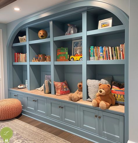 School Room Built Ins, Playroom With Built In Bunkbeds, Built In Bookshelves Kids Room, Built In Kids Room, Boys Room Built Ins, Playroom With Built Ins, Toy Room Built Ins, Playroom Built Ins With Tv, Built In Shelves Playroom