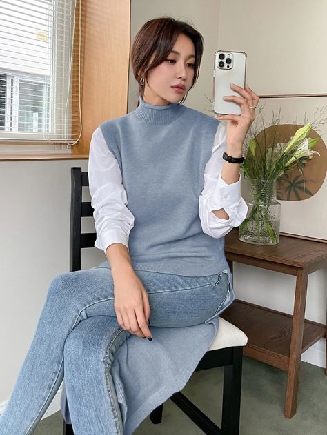 DAZY 1pc Mock Neck Asymmetrical Hem Sweater Vest | SHEIN USA Vest Outfit Women, Sweater Vest Outfit Women, Sweater Vest Outfit, Hem Sweater, Vest Outfits, Mock Neck Sweater, Asymmetrical Hem, Asymmetric Hem, Sweater Vest