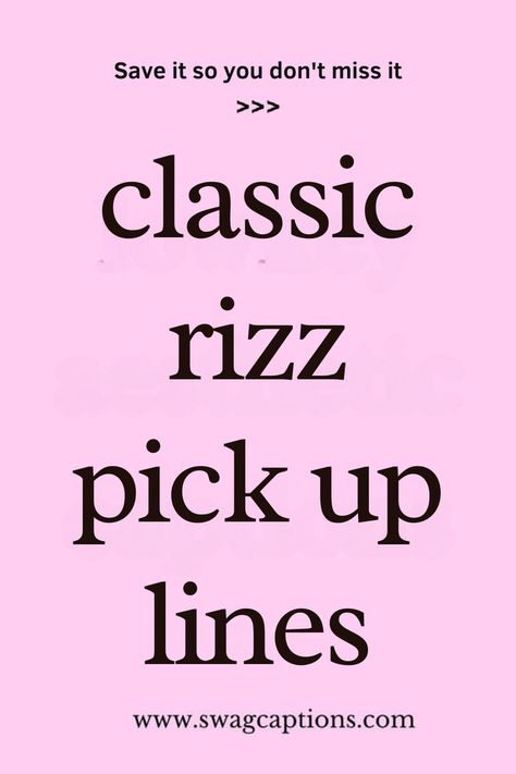 Looking to charm with timeless style? Discover 'Classic Rizz Pick Up Lines' that are sure to impress! These smooth and witty lines are perfect for breaking the ice and adding a touch of class to your conversations. Whether you're aiming to make someone smile or spark a connection, these lines have got you covered. Save this pin for your next conversation starter! Crush Conversation Starters, Witty Pick Up Lines, Smooth Pick Up Lines, Pick Line, Impress Your Crush, Best Pick Up Lines, Pick Up Lines, Touch Of Class, Your Crush