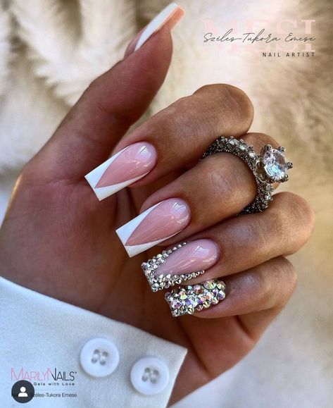 Blinged Out White French Tip Nails, Bling French Tip Nails, Bling French Tip, White French Tip, Tip Nails, French Tip Nails, Nail Inspiration, Nail Tips, Nails Inspiration