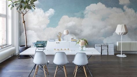 Flying high - this family room features a cloud wallpaper from The Paper Room. Cloud Mural, Dining Room Wallpaper, Custom Wall Murals, Cloud Wallpaper, Wallpaper Online, Room Wallpaper, Sky And Clouds, Home Wallpaper, Belle Epoque