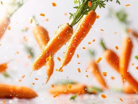 Photography of CARROTS falling from the sky, hyperpop colour scheme. glossy, white background. Perfect retouched carrot royalty free stock photograp Carrot Background, Falling Skies, Vector Food, Food Content, Falling From The Sky, Carrot Juice, Colour Scheme, Glossy White, The Sky