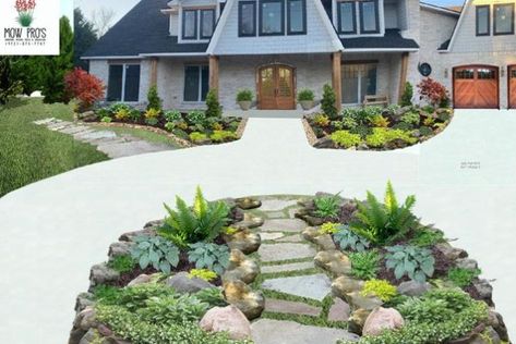 Circle Driveway Landscaping, Xeriscape Front Yard, Circle Driveway, Circle Drive, Japanese Garden Landscape, House Front Porch, Garden Works, Sloped Backyard, Driveway Design