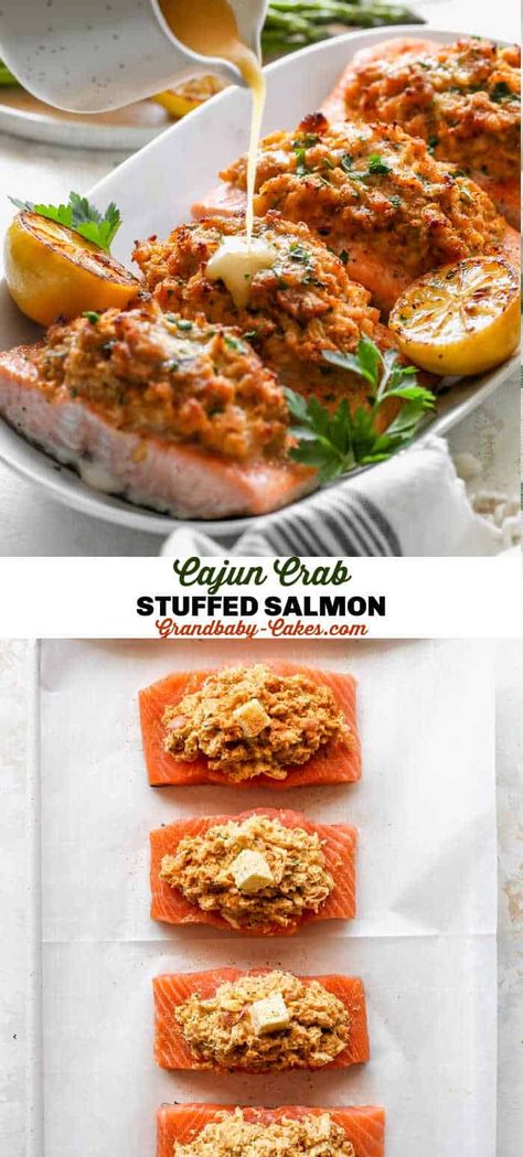 Cajun Crab Stuffed Salmon Seafood Stuffed Fish, Crab Salmon Recipes, Grilled Stuffed Salmon Recipes, Salmon Topped With Crab Meat, Salmon Stuffed With Crab And Shrimp, Crab Topped Salmon, Salmon Crab Recipes, Seafood Stuffed Salmon Recipes, Salmon With Crab Meat On Top