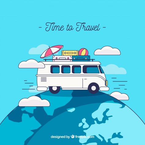 Travel background with van on earth Free Vector Roadtrip Illustration, Travel Bus, Background Car, Travel Background, Freedom Travel, Time To Travel, Travel Car, Om Mani Padme Hum, Travel Van