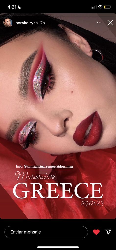 Makeup That Goes With Red Dress, Red Gem Makeup, Red Drag Makeup, Makeup For Red Dress Formal, Red Rhinestone Makeup, Red Christmas Makeup, Red Glam Makeup, Red Eyeshadow Makeup, Extra Makeup