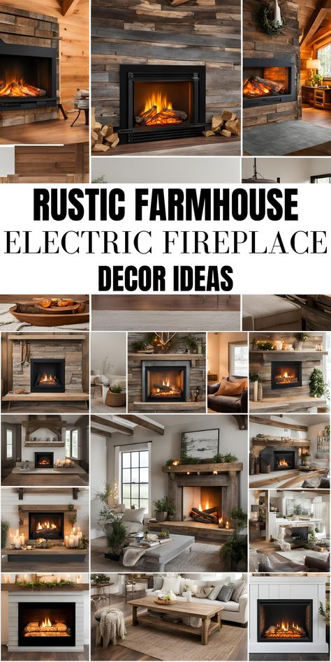 Rustic farmhouse electric fireplace ideas for cozy home decor Cabin Tv Wall Ideas, Modern Mantle Decor With Tv, Corner Fireplace Ideas Living Room, Fireplace Design Farmhouse, Rustic Wood Stove Surround, Fire And Tv Wall Built Ins, Farmhouse Electric Fireplace Ideas, Rustic Fireplace Ideas, Wood Beam Fireplace Mantle