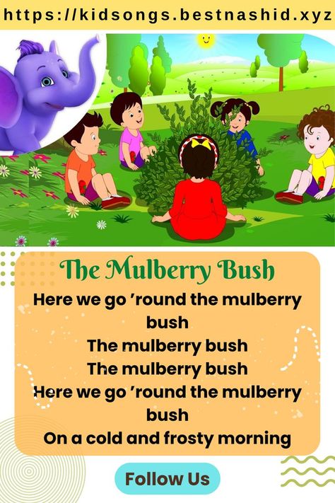 The Mulberry Bush - Dance Songs Here we go ’round the mulberry bush The mulberry bush The mulberry bush Here we go ’round the mulberry bush On a cold and frosty morning Bush Dance, Mulberry Bush, Frosty Morning, Dance Songs, Nursery Rhymes, Kids Stuff, Family Guy, Nursery, Songs