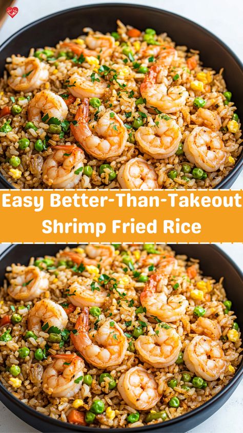 This Easy Better-Than-Takeout Shrimp Fried Rice is a flavorful, hearty meal that comes together quickly, making it perfect for busy weeknights. Using simple ingredients like frozen veggies, shrimp, and pre-cooked rice, this recipe delivers a savory and satisfying dish that rivals your favorite takeout. The combination of sesame oil, garlic, and soy sauce infuses the rice with rich, aromatic flavors, while the shrimp adds a boost of protein and texture. With a cooking time of less than 20 minutes Fried Shrimp Rice Recipes, Japanese Shrimp Fried Rice, Simple Shrimp Fried Rice Recipe, Shrimp N Rice Easy Recipes, Shrimp And Fried Rice Recipes, Spicy Shrimp Fried Rice Recipe, Healthy Shrimp Fried Rice Recipe, Shrimp With Rice Recipes Easy, Authentic Shrimp Fried Rice