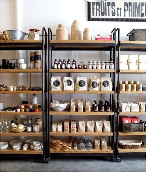 Retail Shelving Inspiration (for the Home) Havens Kitchen, Display Visual Merchandising, Desain Pantry, Store Layout, Regal Design, Retail Shelving, Bakery Design, Pantry Shelf, Coffee Shop Design