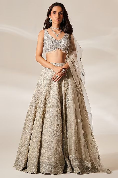 Beige Organza Sequins Embroidered Lehenga Set Design by Studio Iris at Pernia's Pop Up Shop 2024 Studio Iris, Sheer Dupatta, Cancan Lehenga, Lehenga Pattern, Beautiful Bridal Dresses, Organza Embroidery, Fashion Designer Studio, Organza Lehenga, Organza Blouse