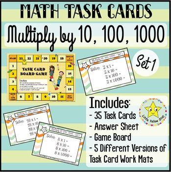 Math Task CardsMultiply by 10, 100, and 1000 (Set 1) [35 Task Cards]This includes numbers from 1-35 multiplying 10, 100, and 1000.This Product Includes:- 35 Task Cards- Answer Sheet- Game Board- 5 Different Versions of Work Mat (5, 10, 15, 20, 35)There are many ways to implement the use of task cards in the classroom. Multiplying By 10 100 1000, Multiplying By 10, Grade 4 Math, Math Tasks, Answer Sheet, Math Task Cards, Yellow Star, 4th Grade Math, Grade 4