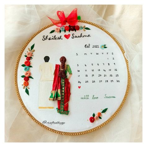 This hoop is fully based on south Indian wedding style . We love to customize as per your wish . To place your orders kindly check out our Instagram page @craftedbygp Marriage Frame, Couple Embroidery, Hoops Embroidery, Wedding Embroidery Hoop, Embroidery Hoop Decor, Thread Craft, Marriage Card, Bride Looks, Wedding Calendar